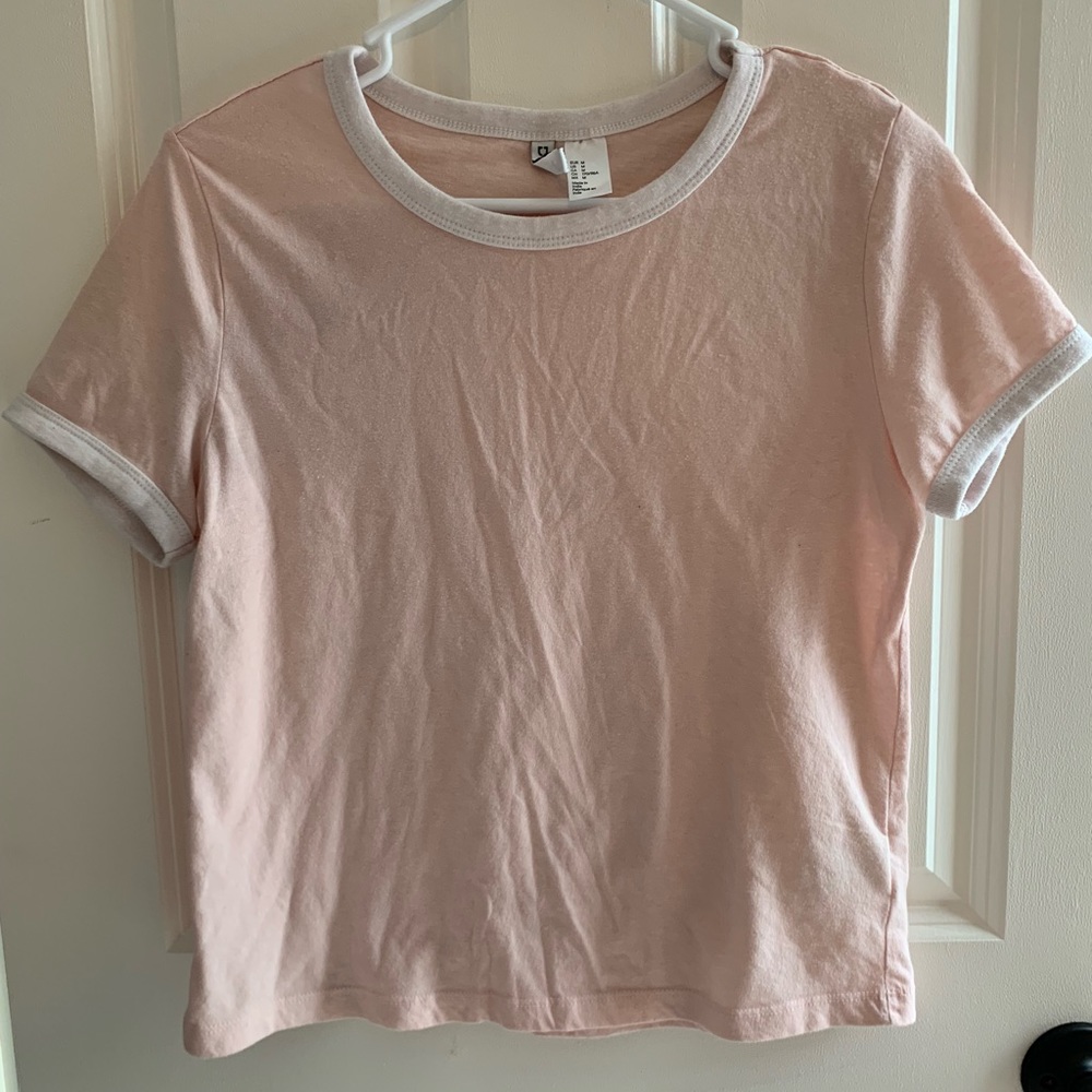 H&M pink t-shirt with white embroidered hems
